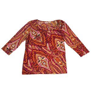 Susan Graver Womens L Liquid Knit Top 3/4 Sleeve Orange Colorful Paisley Stretch